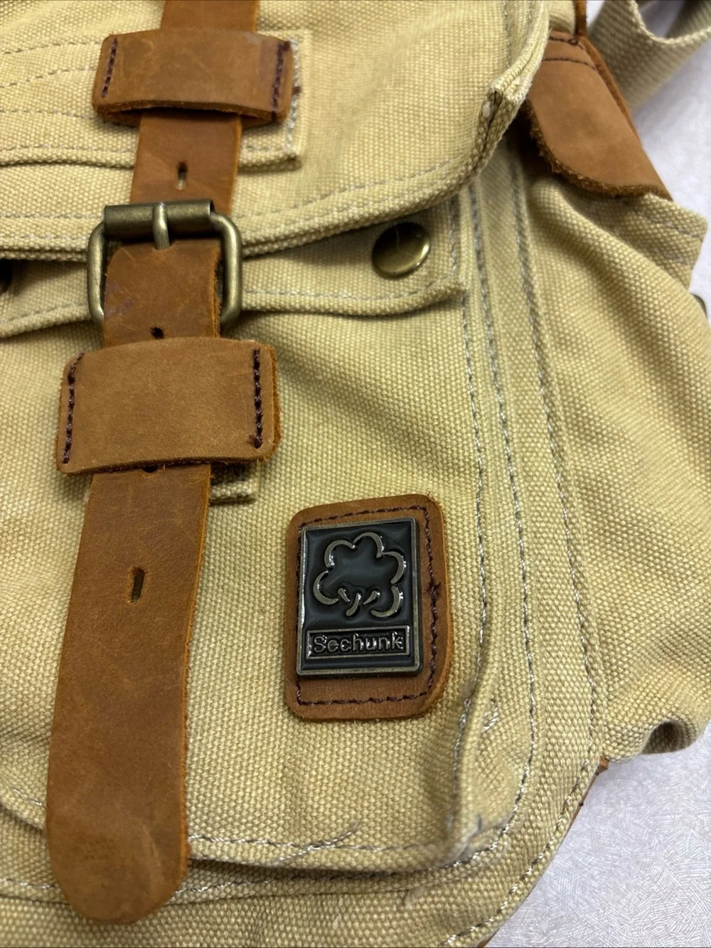Sechunk Vintage Military Leather Brown Sand Canvas Messenger Satchel Bag Large